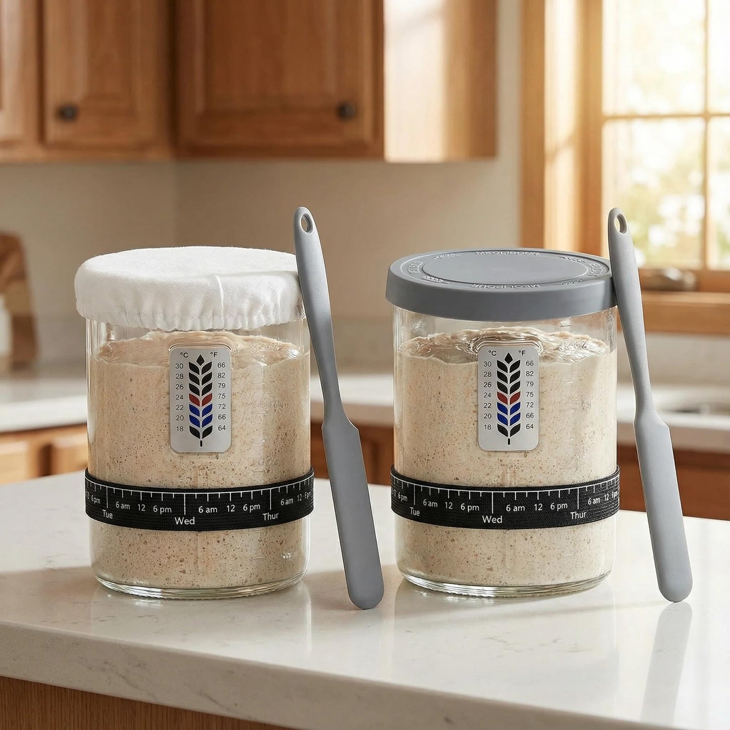 2 Pack Premium Pro Sourdough Starter Jar Kit - 40oz Large Wide Mouth Sourdough Bread Jar with Marked Feeding Band, Thermometer, Scraper, Cloth Cover & Silicone Lid/Base, Glass Container, Baking Supply