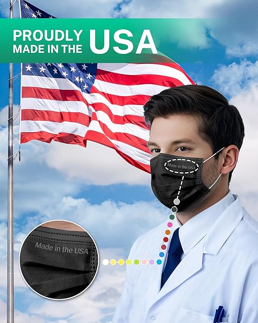 Disposable Face Masks Made in USA, 4 Ply for Families, Students, Breathable All-Day Wear & Safety, FSA HSA Eligible, ASTM Level 3 Medical Grade, 100 Pack Individual Wrap, Black