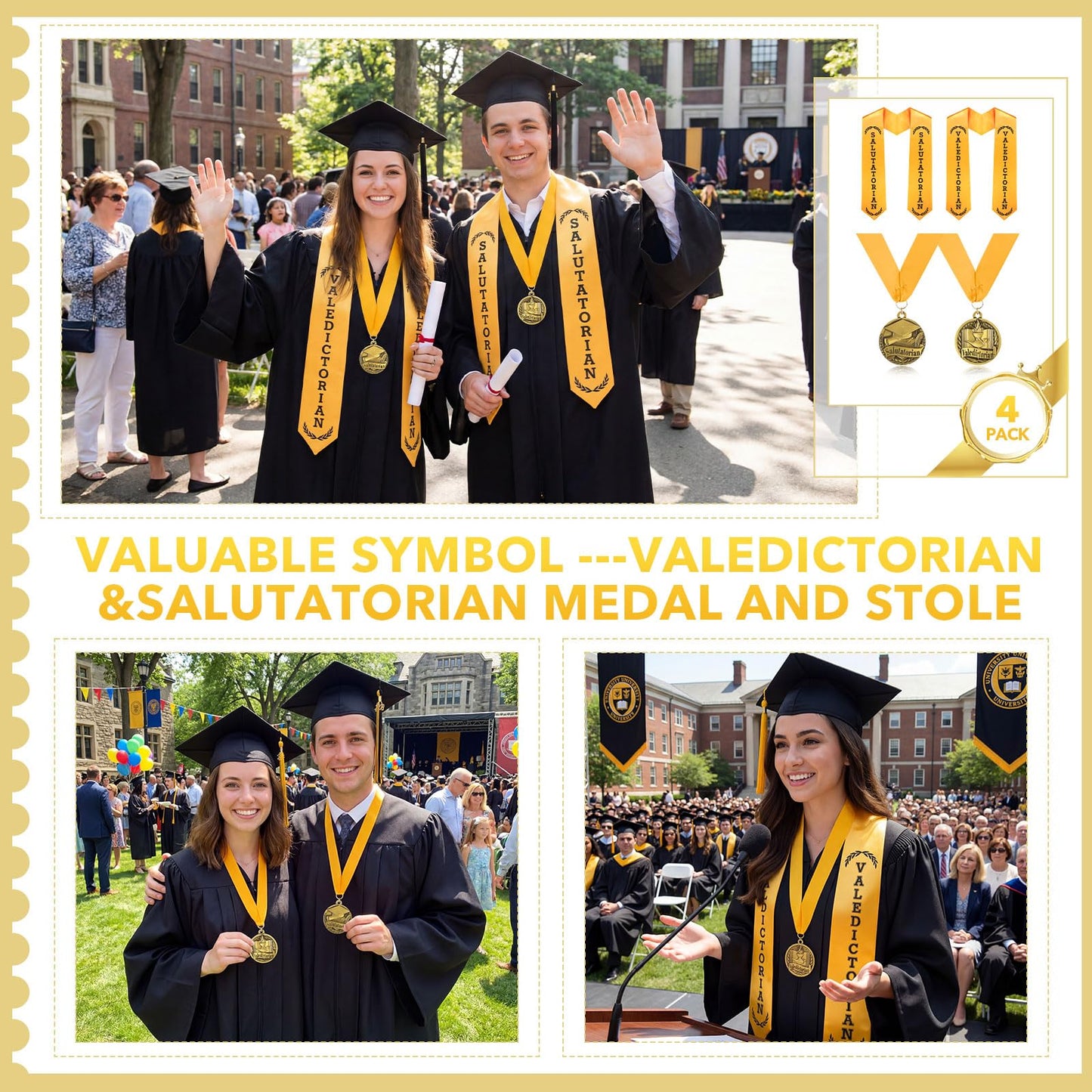 Funnysoft 4 Pack Graduation Stole Sash and Award Medal Set 2026 Valedictorian Salutatorian Graduation Stole and Award Medal with Gold Grossgrain Ribbon for Students