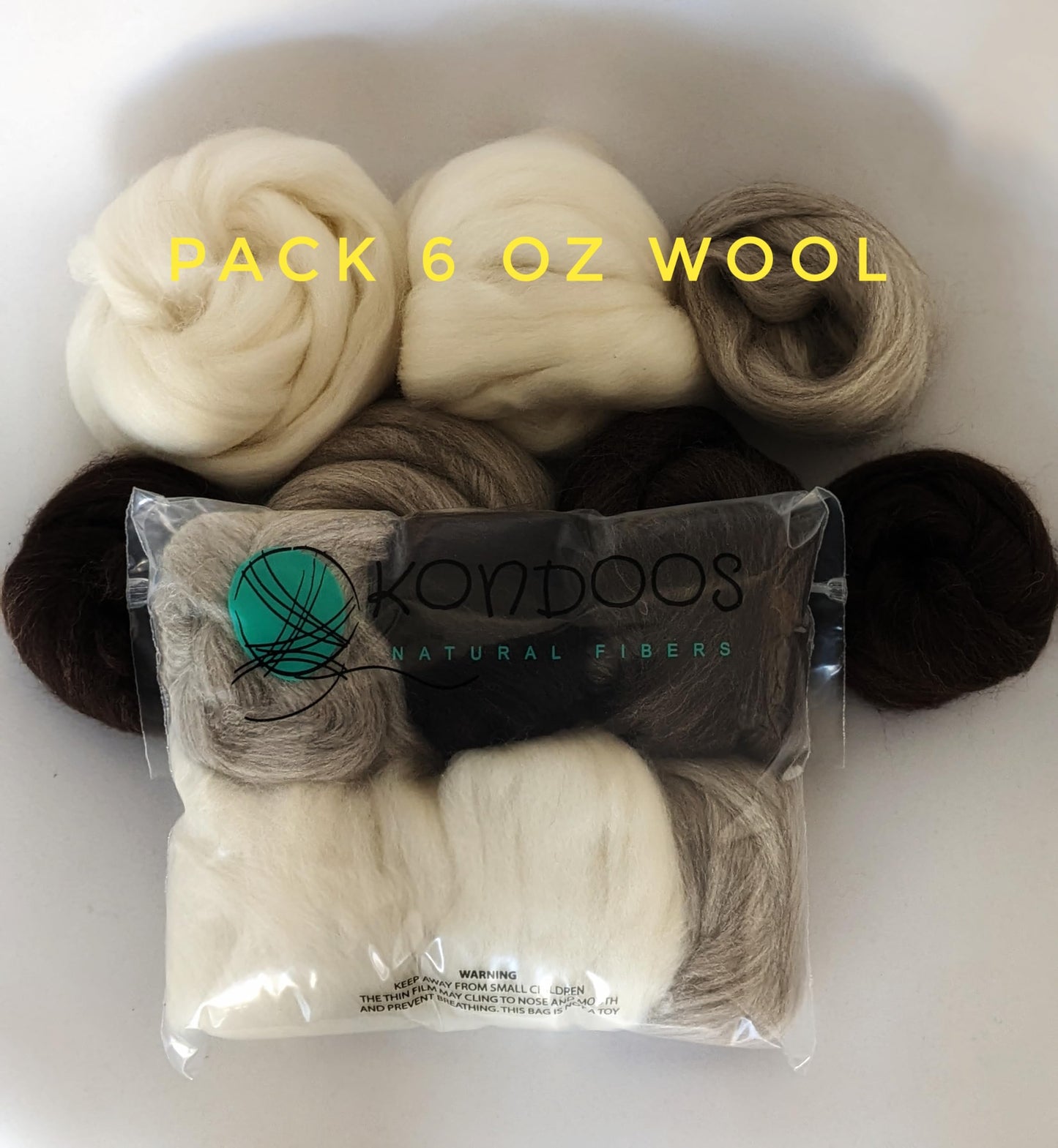 Kondoos Needle Felting Wool roving, Great for Arts & Crafts, DIY Projects & Easy for Beginners. 4 Natural Colors, 6oz.