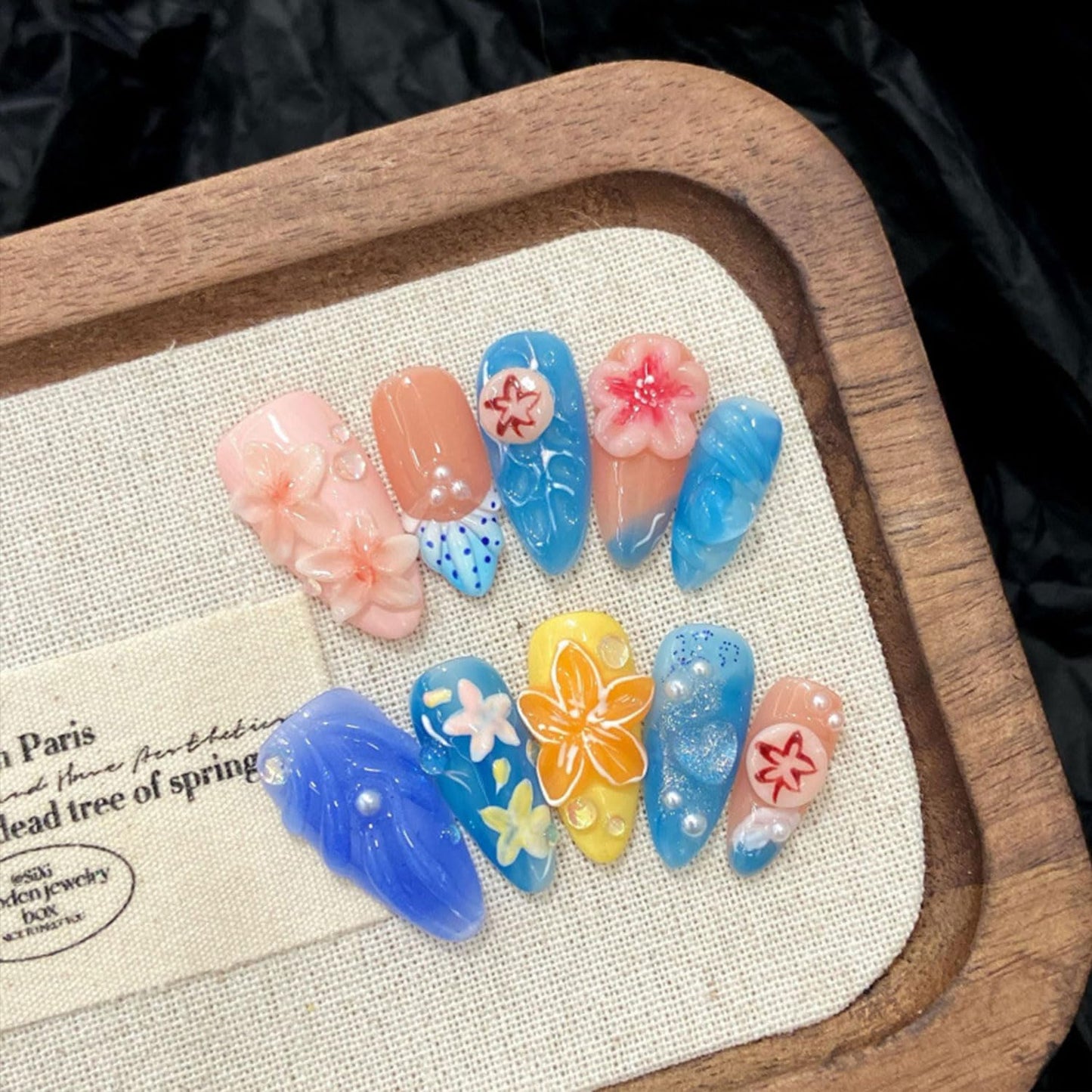 Luxury Handmade Press on Nails Medium Almond Nails with Glue,Blue Fake Nails 3D Flower Art Design Muti-Layer Gel Acrylic Thick Stick on False Nails for Women(Size S)