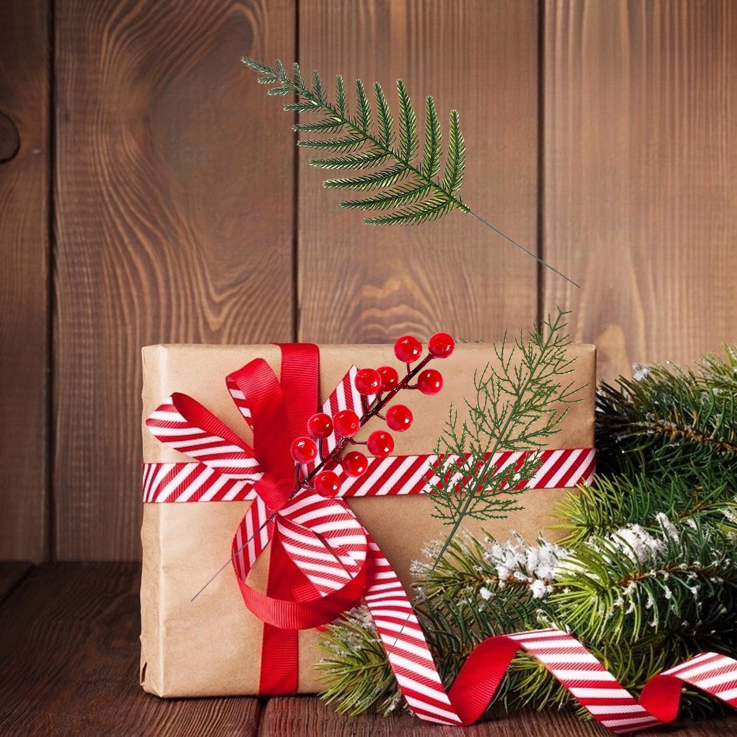Gitechft 50 PCS Artificial Pine Branches Fake Greenery Pine Picks Artificial Red Berry Stems,Xmas Stems,Christmas Pine Needles for Wreath Decorations
