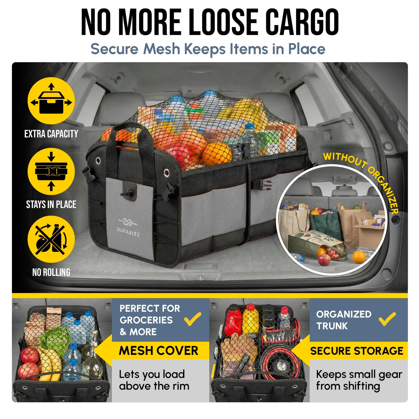 DURABLEZ Modular 4-Section XL Trunk Organizer – Car Storage for Groceries, Tools, Sports Gear, Emergency Kits – Extra Large Multi-Compartment Cargo Box, Collapsible & Heavy Duty – Gray