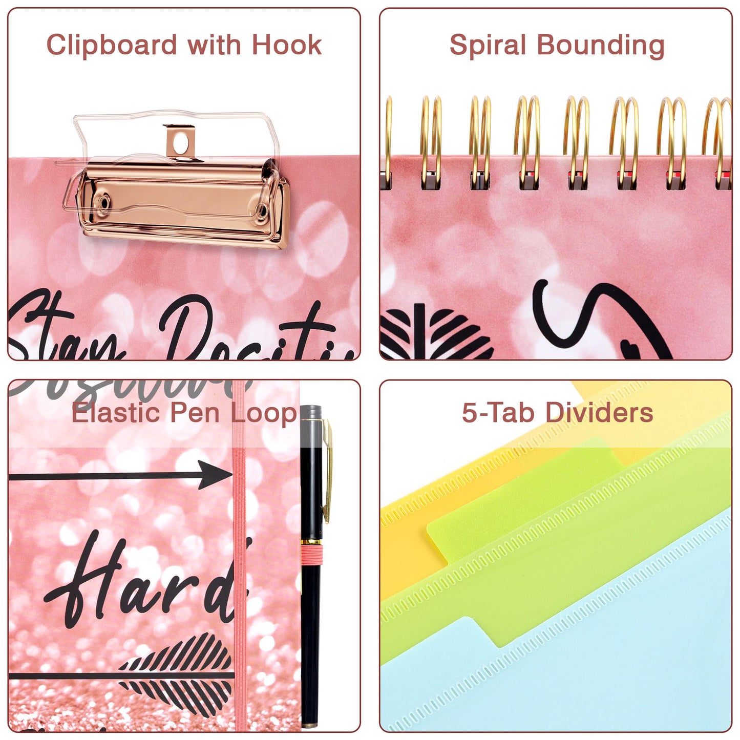 EYROZILL Spiral Notebook Clipboard with Removable Dividers Tabs, 5 Subject Notebook College Ruled, 8.5"x11" Hardcover Lined Journals with 12 Storage Pockets School Office Work Supplies