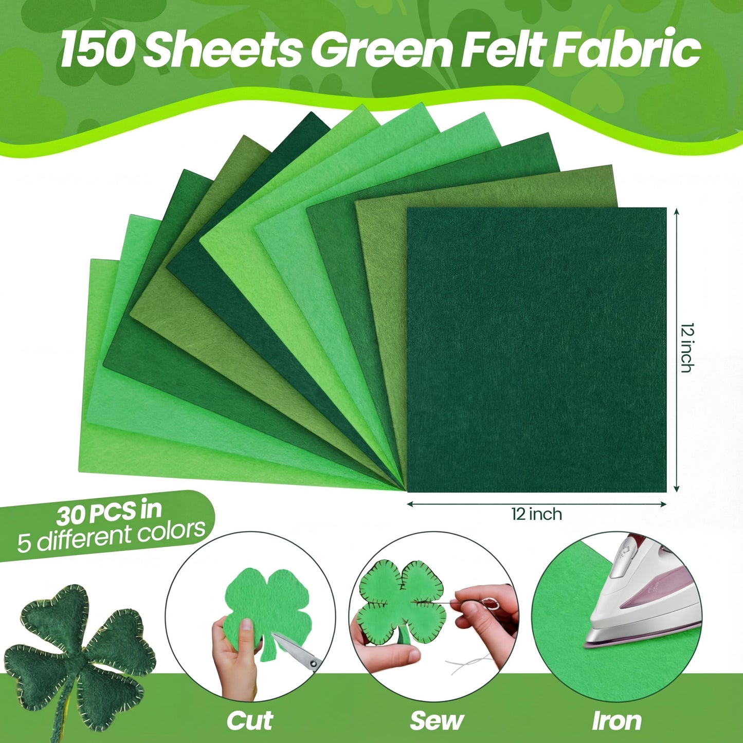 Peryiter 150 Pcs Green Felt Fabric Sheets Bulk for St. Patrick's Crafts 12 x 12 Inch 1.4 mm Day Thick Stiff Felt Sheets Square Assorted Fabric Square for Crafting Sewing School DIY