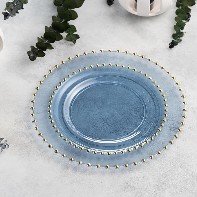 PLASTICPRO 128 Piece Combo Plastic Dinner Plates Disposable Plastic Fancy Heavy Duty Party Dishes 7 inch and 10 inch, Translucent Blue and Gold Beaded
