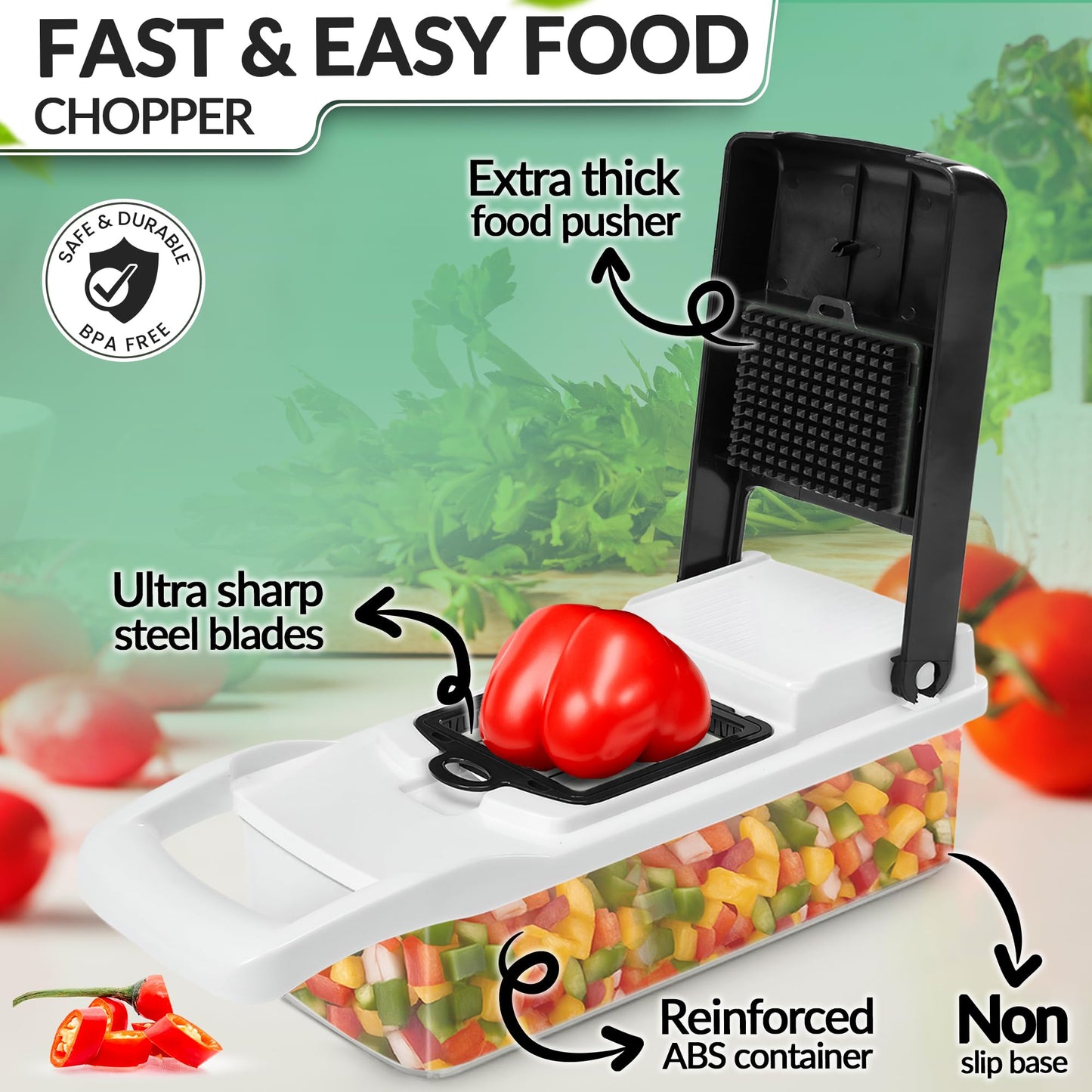 Multifunctional Vegetable Chopper with Container - 12 in-1 Adjustable 8-Blade Fruit & Veggie Chopper with Mandoline Slicer & Dicer | Kitchen Gadgets Food Cutter for Potato, Tomato & Onion (White)