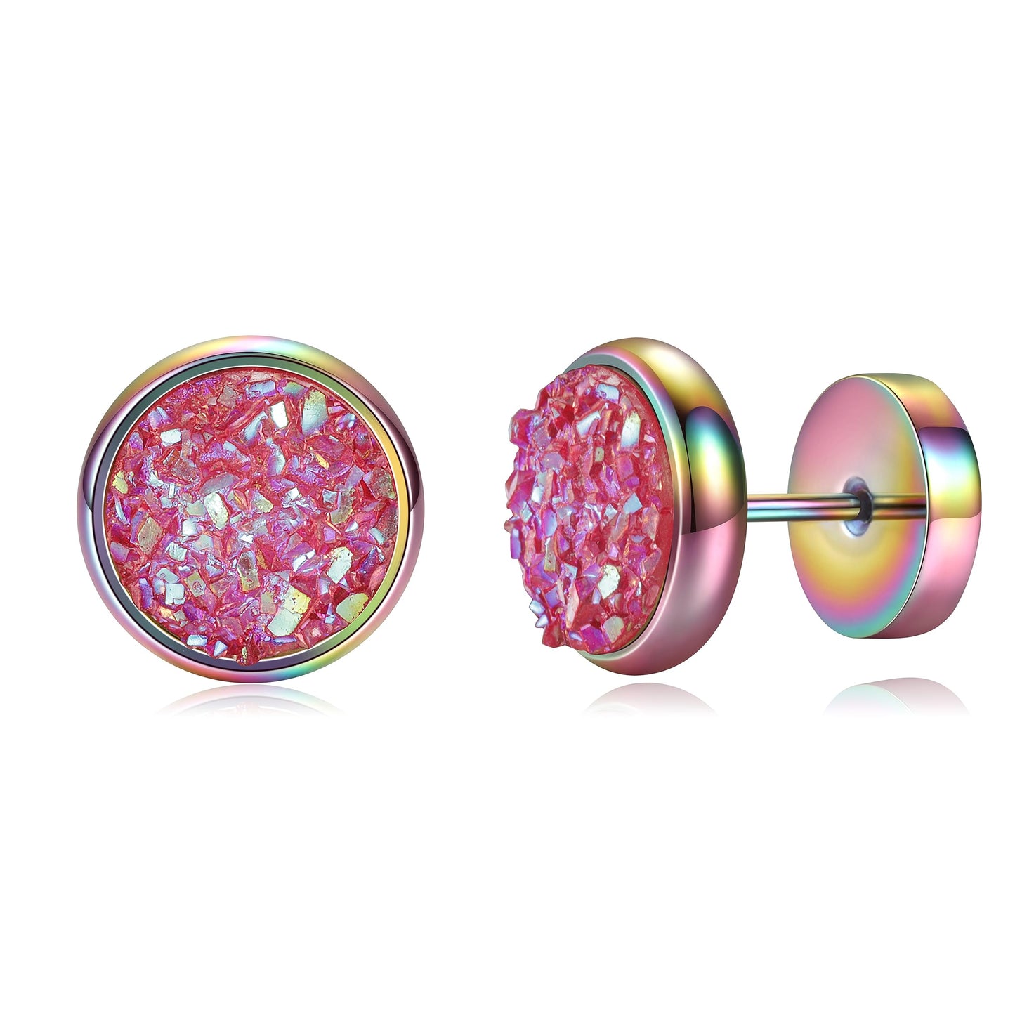 VOLUKA Crystal Stone Stud Earrings Flat Back Titanium Stainless Steel Hypoallergenic Cartilage Earrings Stud for Sensitive Ears Women Men(Pink-Rainbow)