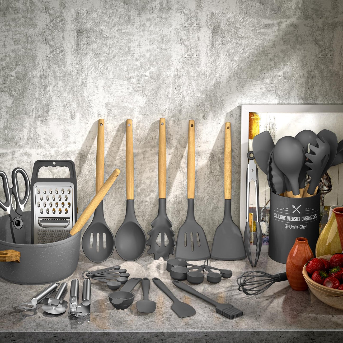 Umite Chef Silicone Kitchen Utensil Set, 34PCS Heat Resistant Kitchen Gadgets and Tools With Grater, Wood Handles for Nonstick Cookware (Dark Gray)