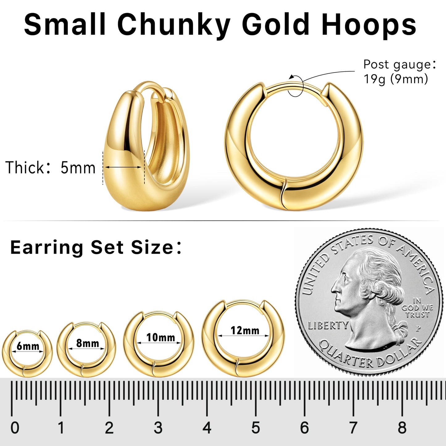 5mm Thick Chunky Gold Hoop Earrings for Women Non Tarnish, 14K Gold Plated Chunky Huggie Cartilage Earring Stack, Lightweight Cute Drop Earrings Sets for Multiple Piercing Dainty Trendy Clip On Jewelry