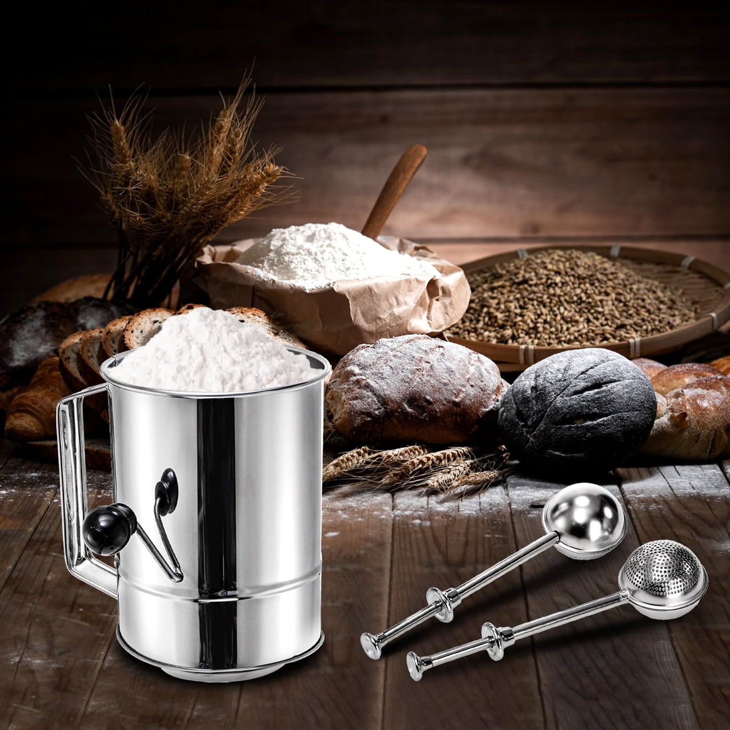 Pumtus 3 Pack Flour Sifter Set, 5 Cup Hand Crank Sifter with 2 Pieces Baker's Dusting Wands, Stainless Steel Fine Mesh Baking Sifter with Agitator Rotary, Powdered Sugar Duster for Baking Dessert