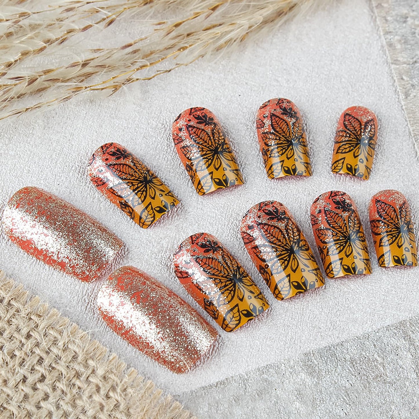EYZOTSF Thanksgiving Press on Short Square Nails Acrylic Fall False Nails with Maple Leaf Designs Artificial Autumn Leaves Square Fake Nails Holiday Glue Stick ons Fingernails for Women(YS693)