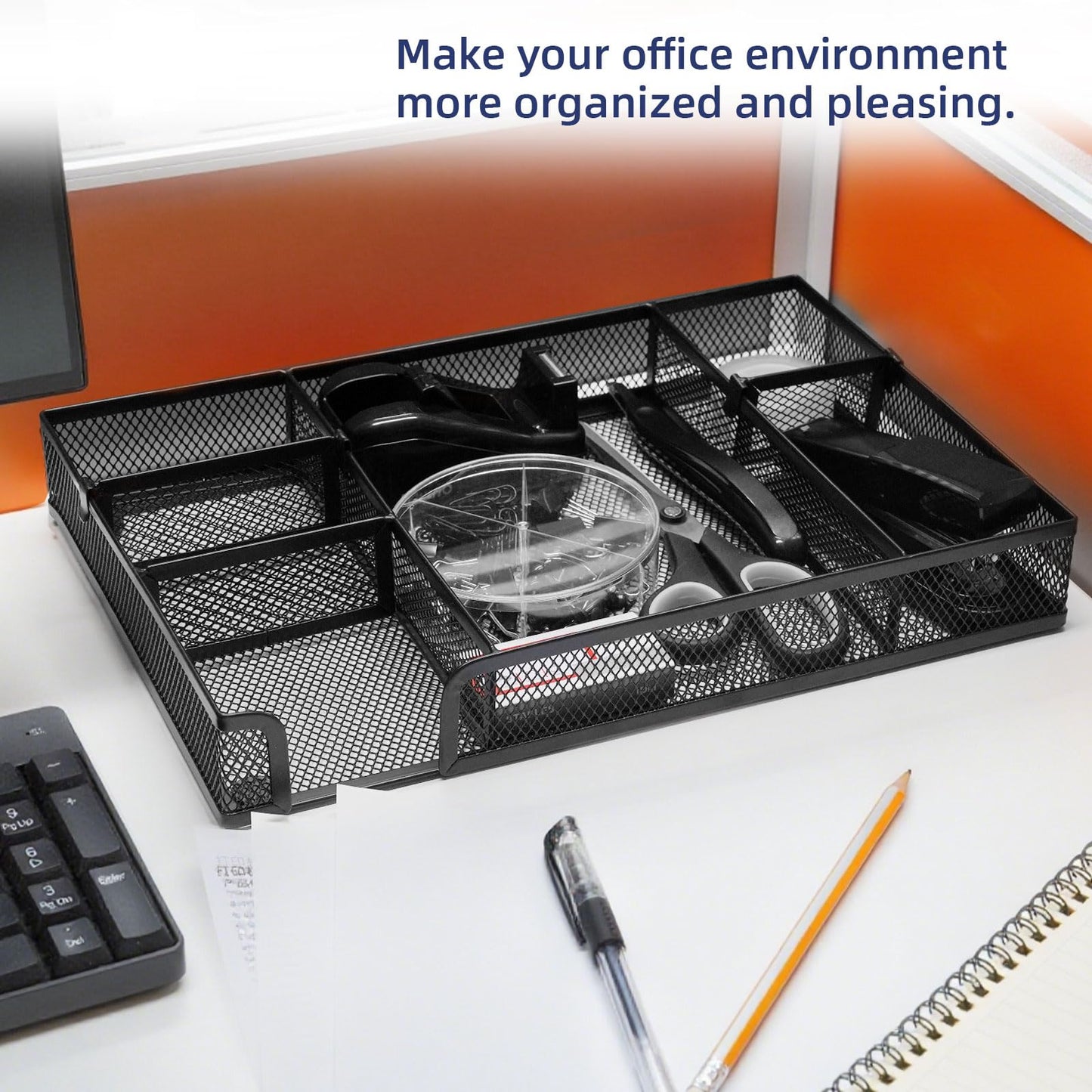 Office Desk Accessories, Desk Organizers and Accessories, Stapler and Tape Dispenser Set Metal Storage Box,Stapler,Staple Remover,Paper Clips,Ruler,Scissors.Suitable for Office and Study Use,Black