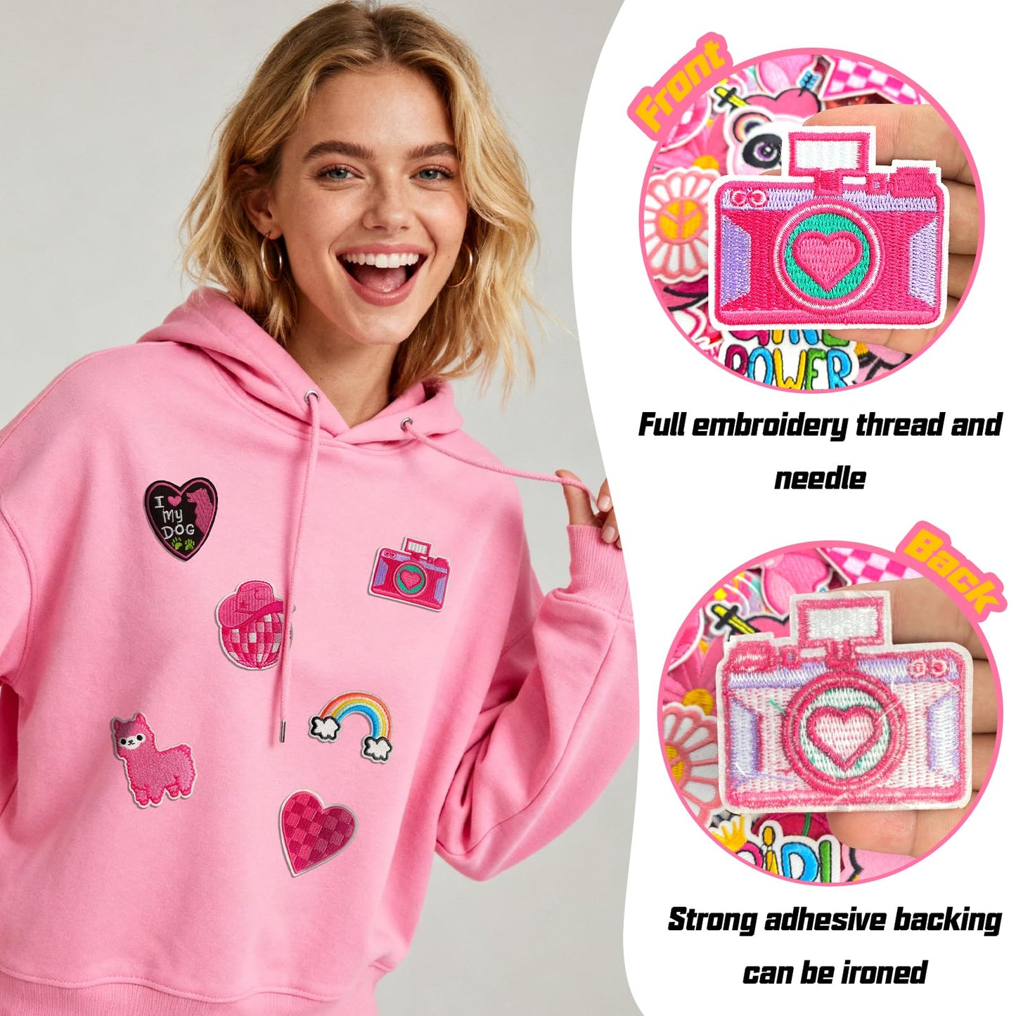 60Pcs Pink Iron on Patch, Random Assorted Styles Pink Theme Iron on Patches for Girls, Cute Preppy Applique Patches for Clothes, Dress, Hat, Jeans, DIY Accessories