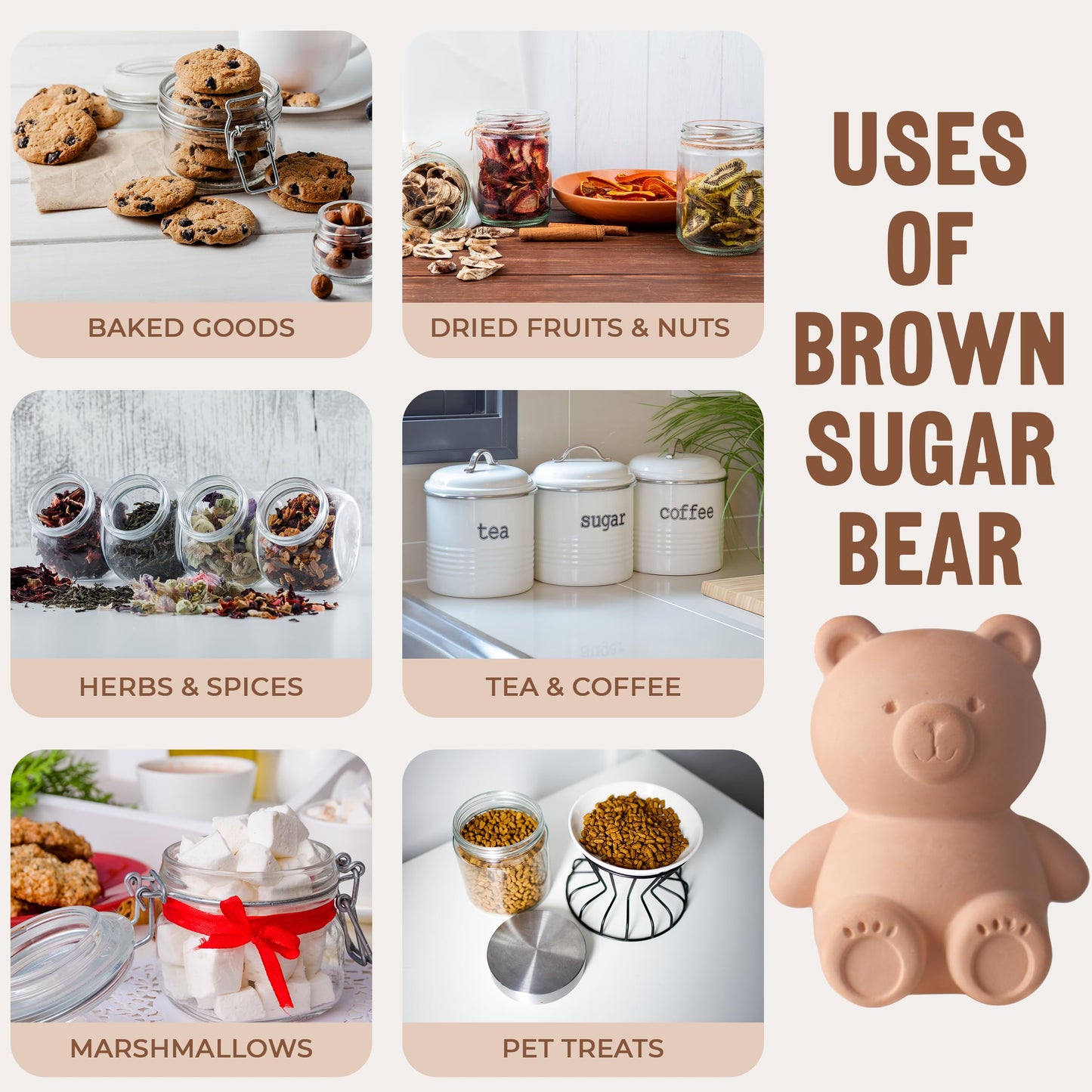 Sifri Art Brown Sugar Bear Keeper – 3D Terracotta Clay Sugar Saver Softener, Reusable Moisture Stone for Brown Sugar, Cookies, Marshmallows, Herbs, Baking & Kitchen Storage