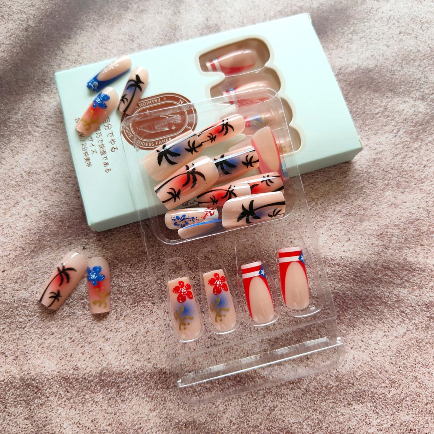 GCSQW Summer Press On Nails Medium Square Acrylic False Nails 24Pcs with Coconut Tree Designs Independence Day Flower Nails 4th of July Full Cover Stick on Nails for Women