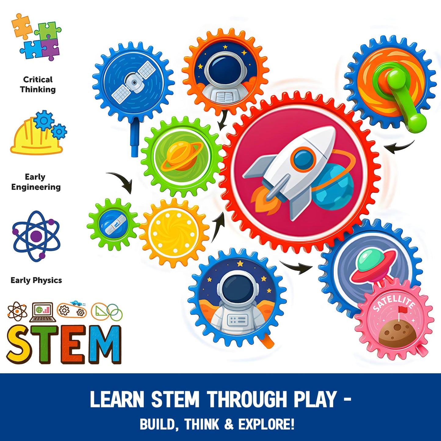 ROHSCE Motorized Spinning Gear Building Toys for Kids, Space Rocket STEM Construction Set, Educational Interlocking Building Blocks Puzzle | Gear Toys for Toddlers Ages 3-8