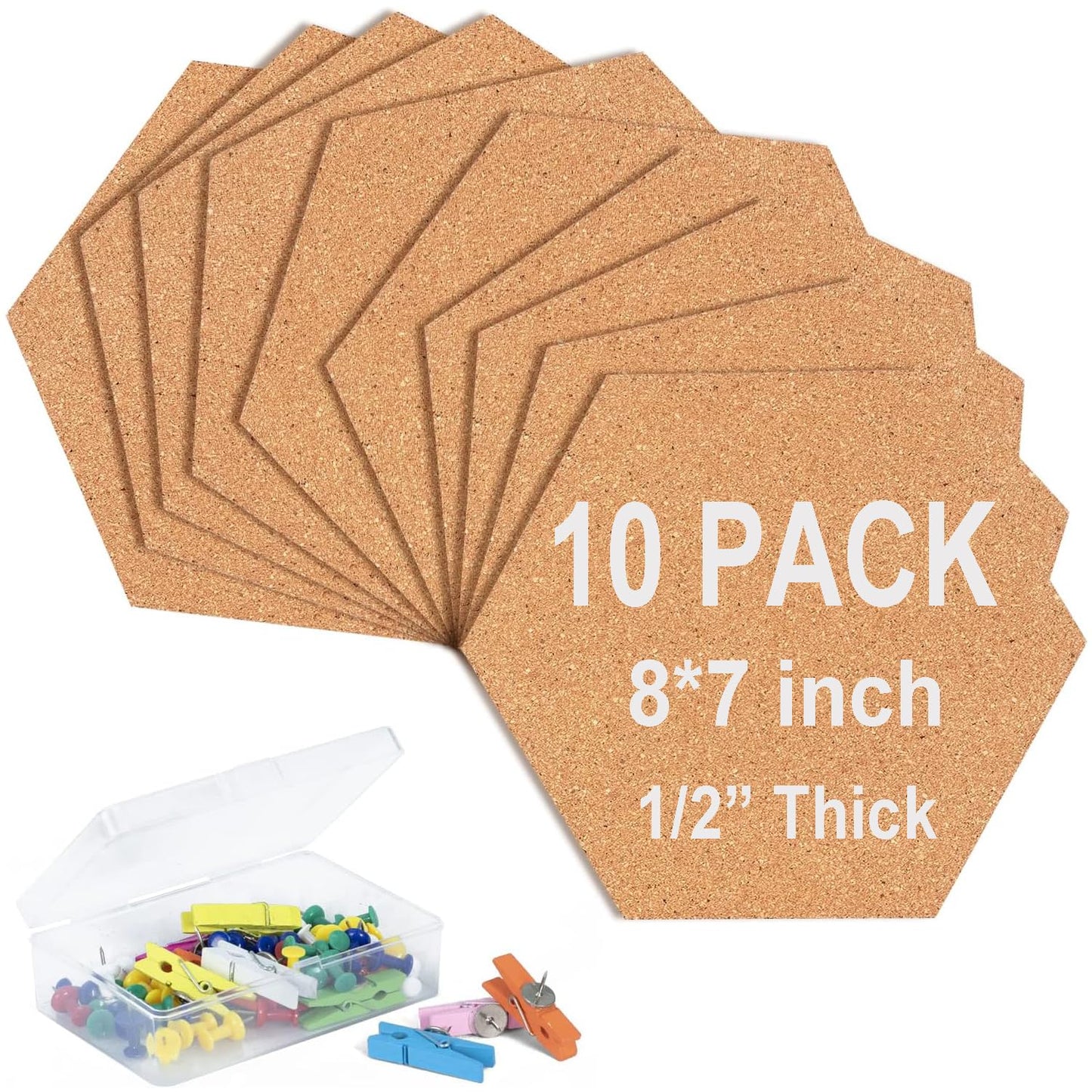 SVOPY 10 Pack Cork Bulletin Board Hexagon - Decorative Display Boards, 1/2" Thick Self-Adhesive Cork Board Tiles for Home Office Decor, School Message Board (10 Pcs)