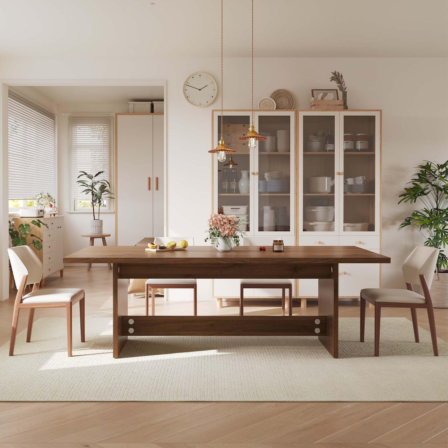 86.6" Mid-Century Modern Dining Table for 8-10, Rectangle Kitchen Table with Sturdy Base, Wooden Dining Room Table for Living Room, Kitchen, Walnut Brown
