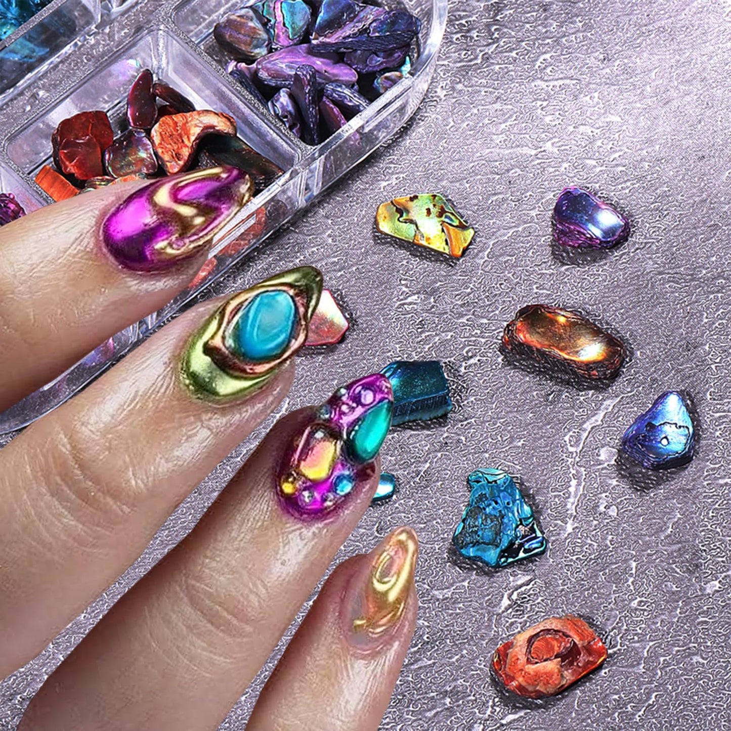 6 Grids Colorful Abalone Shell Stone Nail Gems and Charms 3D Irregular Stone Nail Charms Abalone Shell Texture Designs Nail Rhinestones Colorful Gems Nail Jewelry for Women DIY Manicure Crafts
