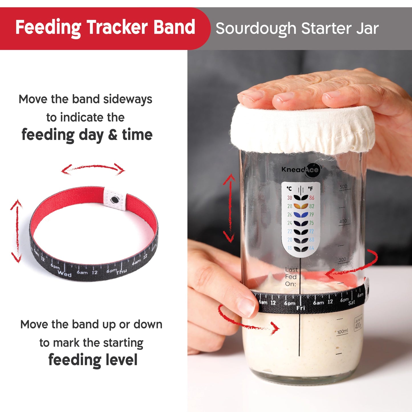 KNEADACE Sourdough Starter Jar With Date Marked Feeding Band, Thermometer, Sourdough Jar Scraper, Sourdough Container Sewn Cloth Cover & Metal Lid, Sourdough Starter Kit (2 Pack)