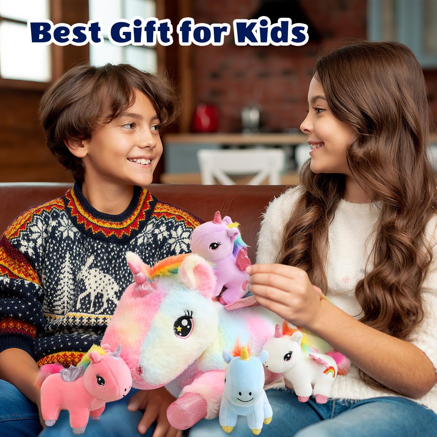 SQEQE Unicorn Mommy Stuffed Animal with 4 Baby Unicorns, Super Soft Cartoon Hugging Toy Gifts for Girls Boys Birthday