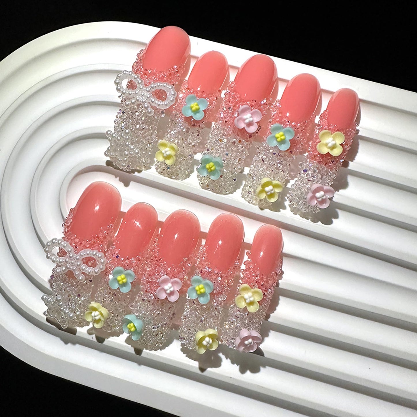 Handmade Curved Nails Tips,Long Press on Nails - French Tip Fake Nails with 3D Sugar Crystal Bow Designs Square Nails Press ons Reusable Artificial Nail for Women Manicure 10Pcs(Size M)