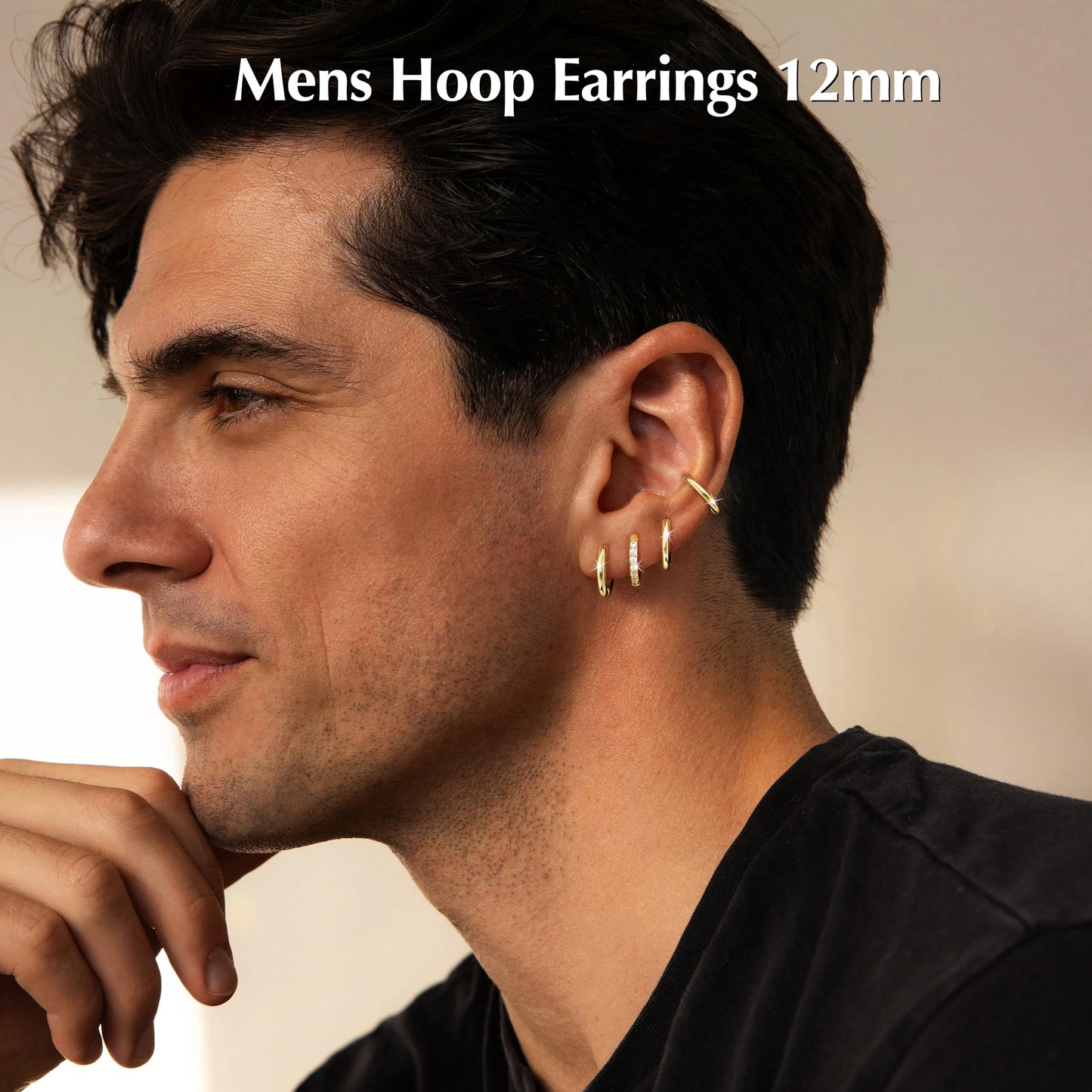 12mm Gold Plated Hoop Earrings Set for Men Gold Plated Stack Cartilage 3 hole Earrings for Multiple Double Piercing Lightweight Clip On Jewelry Gifts for Men