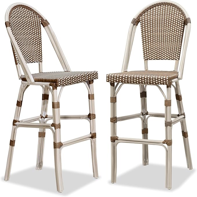 PURPLE LEAF French Bar Stool Set of 2 White Print Finish Patio Bar Stools with Back Rattan Chairs Wicker Bar Height Stool 30" with Footrest Kitchen Island Stools Outdoor Barstool Brown