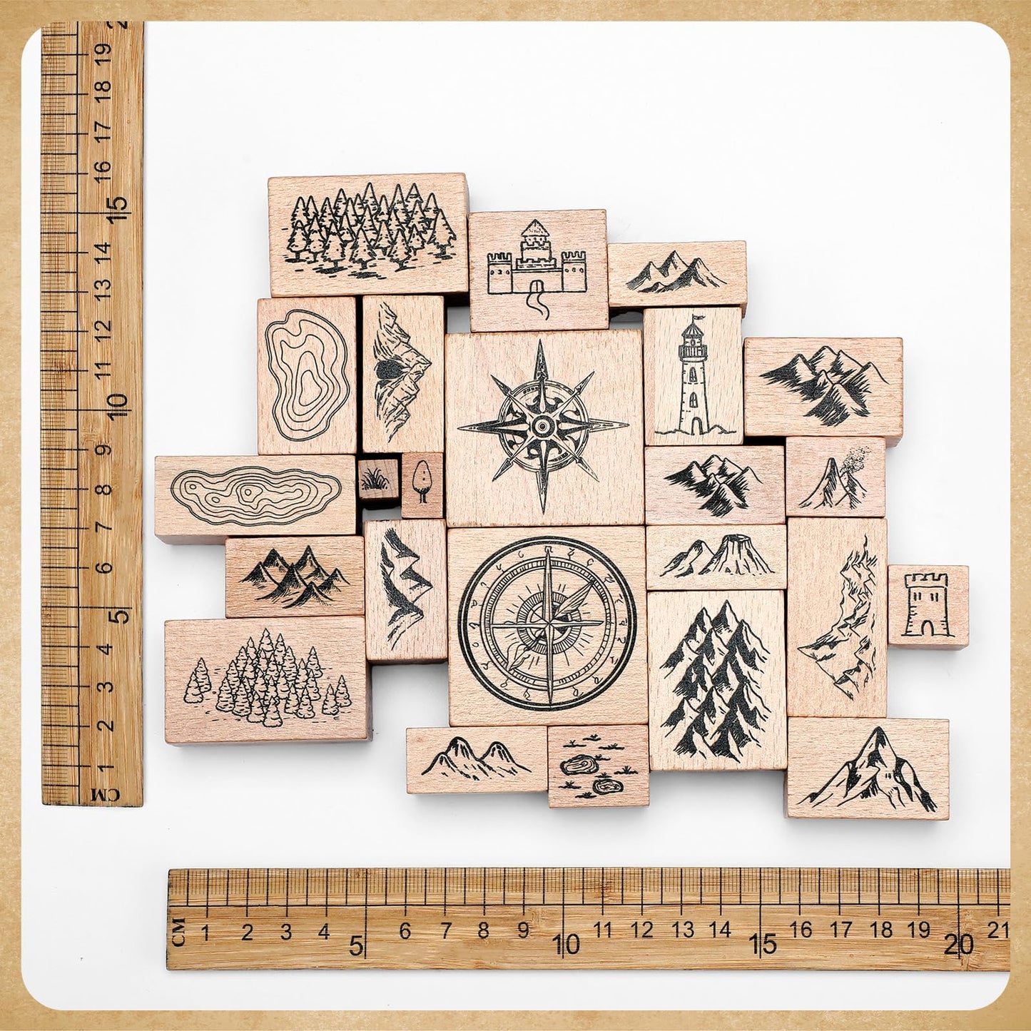 Marspark 24 Pcs Compass Mountains Stamp Combo Map Making Rubber Stamp Kit Compass Outdoor Scenery Stamps for RPG Adventures, Storytelling, and Creative Projects