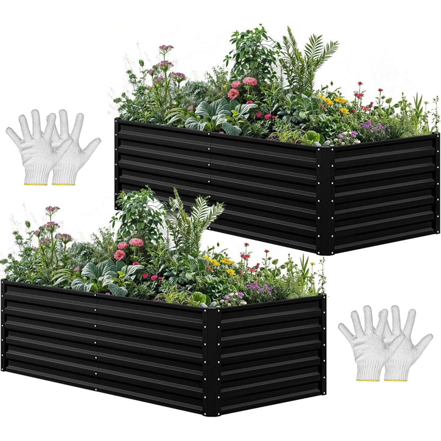 YITAHOME 6x3x2 ft 2pcs Galvanized Raised Garden Bed Kit, Large Metal Planter Box with Gloves & Support Rod, Outdoor Flower Bed for Plants Vegetables, Black
