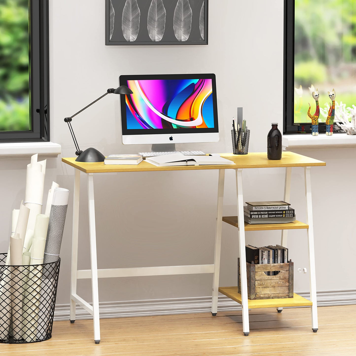 SHW 43-Inch Home Office Trestle Computer Desk with Open Storage Shelves, Oak