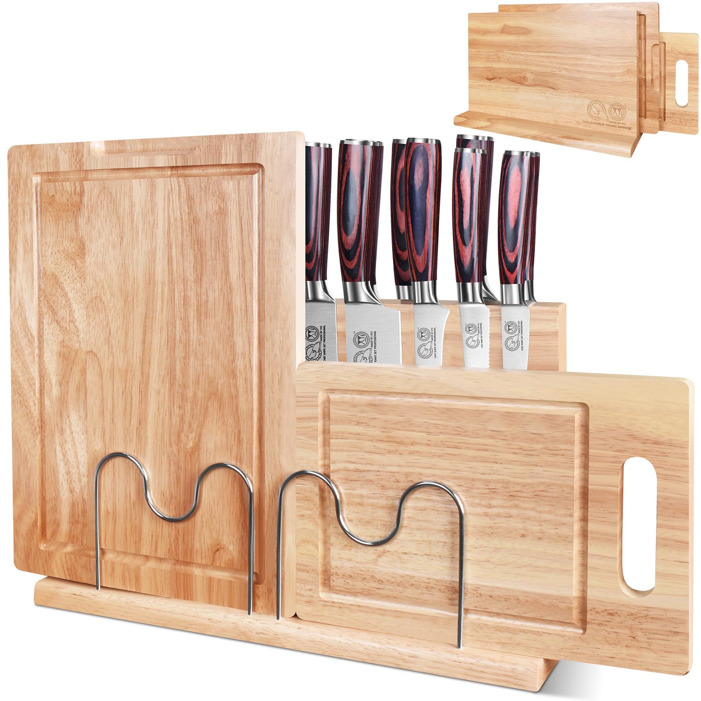 XYJ Authentic Since 1986, Magnetic Knife Block with Cutting Boards, Natural Wood, Countertop Knife Organizer, Space-Saving Knives & Prep Board Set, Kitchen Storage Solution without Knives