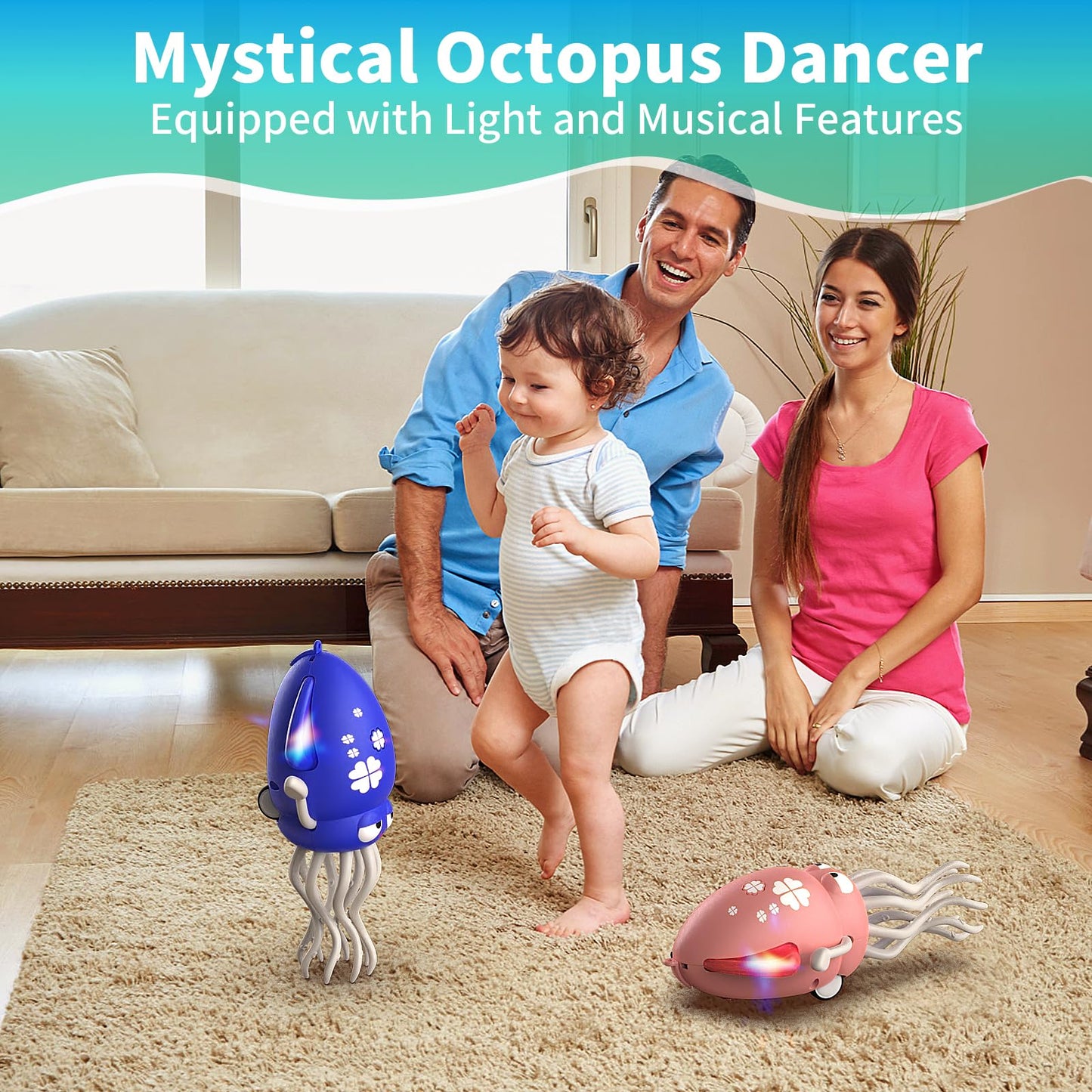 SWTOIPIG Interactive Dancing Octopus Toy,LED Light-Up Music Crawling Squid with Smart Obstacle Avoidance & Fishing Rod,Tummy Time Baby Toy (Blue)