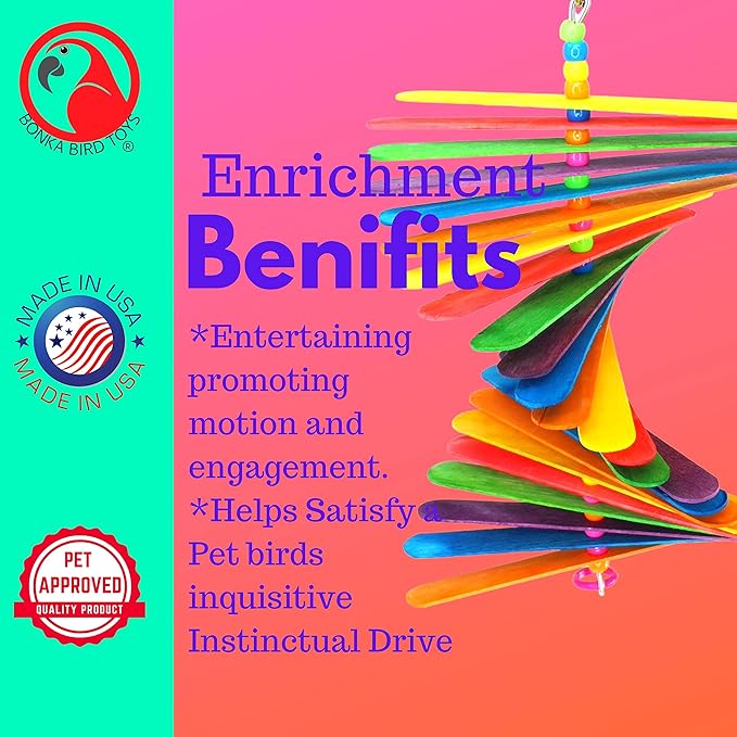 Bonka Bird Toys 867 Big Stick 9.5" Colored Wooden Plastic Spinning Chew Toy for Medium Birds Cage Enrichment Conure Amazon Eclectus and Similar
