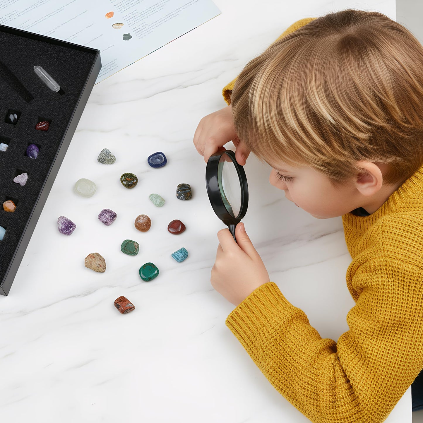 Natural Crystal Mineral Collection Kit - 43 Pcs Natural Rocks & Gemstones with Magnifying Glass, Pen & Crystal Guidebook, Geoscience Starter Collection Set for Kids & Adults Rock Enthusiasts