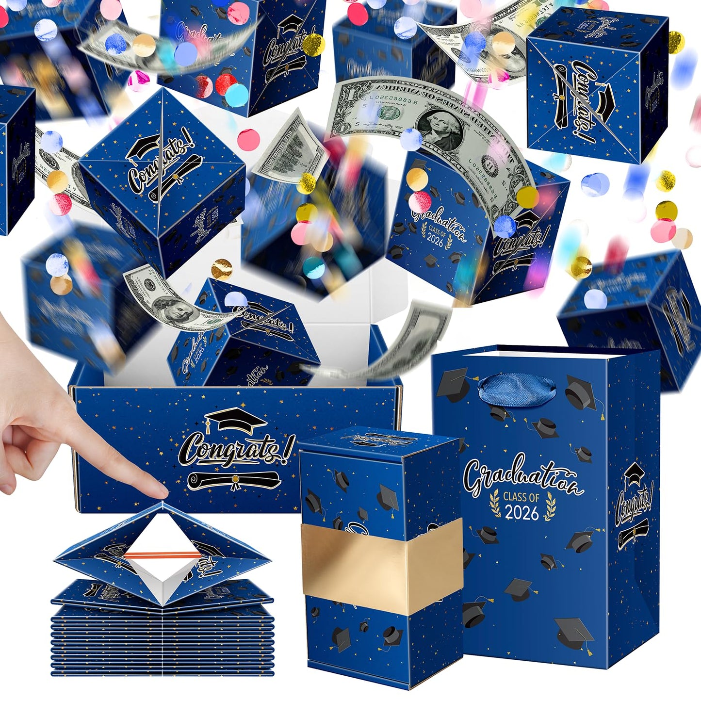 Lyforpyton 2026 Graduation Surprise Explosion Gift Box , DIY Grad Cash Folding Bouncing Gift Box , 15 Pcs Graduation Pop Out Folding Bounce Money Gift Box with Confetti , Suitable for Party Gifts for Graduates ( Blue )