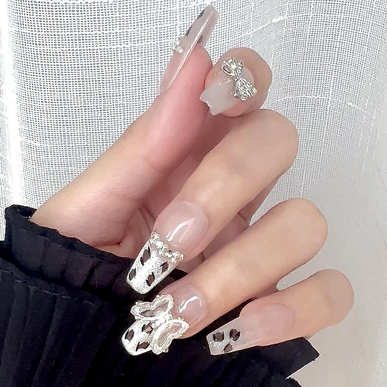 Handmade Press On Nails impress French Fake Nails Medium Square Coffin 3D Leopard cheetah Butterfly Manicure False press ons Nail Artificial (S size)