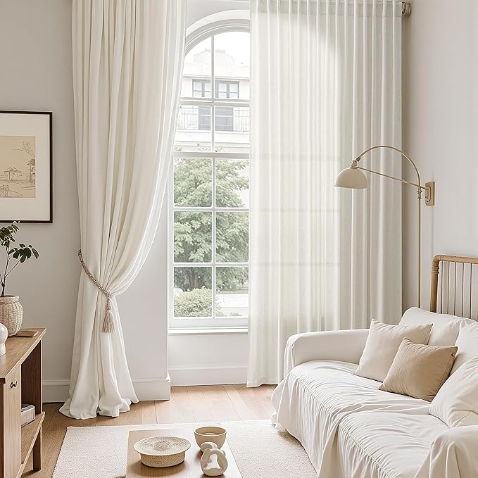 Nanspring Natural Linen Curtains for Living Room 92 Inches Long Rustic Farmhouse Decor Light Filtering Semi Sheer Curtain Back Tab and Rod Pocket Luxury Drapes for Bedroom Office 52x92, 2 Panels