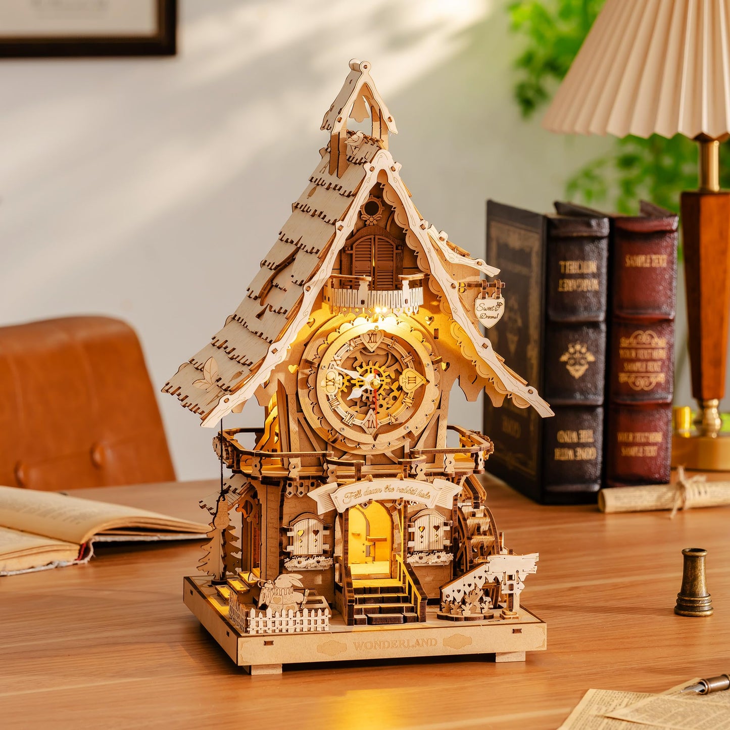 ROBOTIME 3D Wooden Puzzles for Adults-Cuckoo Clock Wooden Models for Adults to Build-435 Piece Model Kit with 2 Lights-Gift for Craft Enthusiast Model Building Set (Natural)