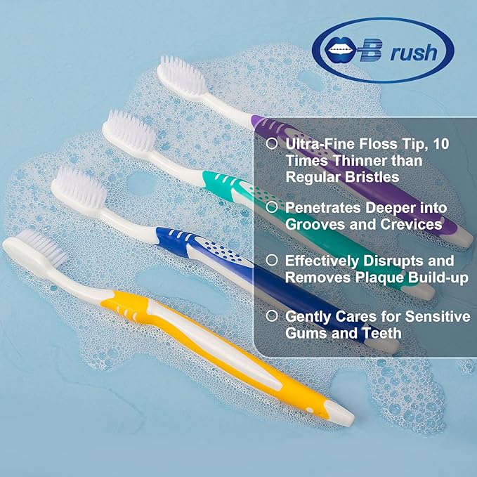 B Rush B Extra Soft Toothbrushes for Adults - Flossing Toothbrush for Sensitive Teeth and Receding Gums, Tapered Bristles Ultra Clean Plaque Remover Travel Toothbrush Individually Wrapped Pack of 4