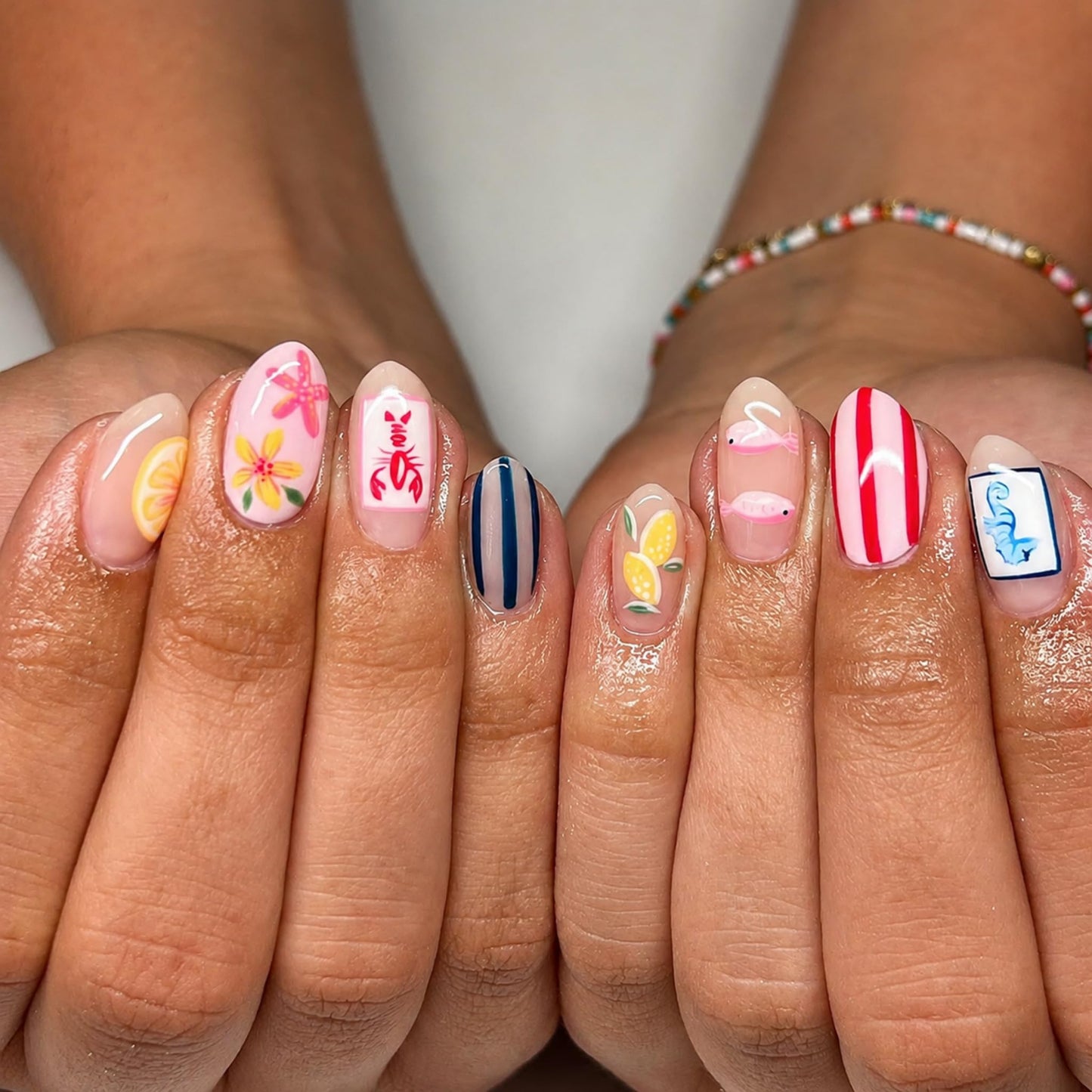 Short Press on Nails Almond Fake Nails Multicolor Artificial Nail Lemon Flower Stripe Pattern Summer Fruit Mediterranean Glossy Stick on Nail for Women 24pcs