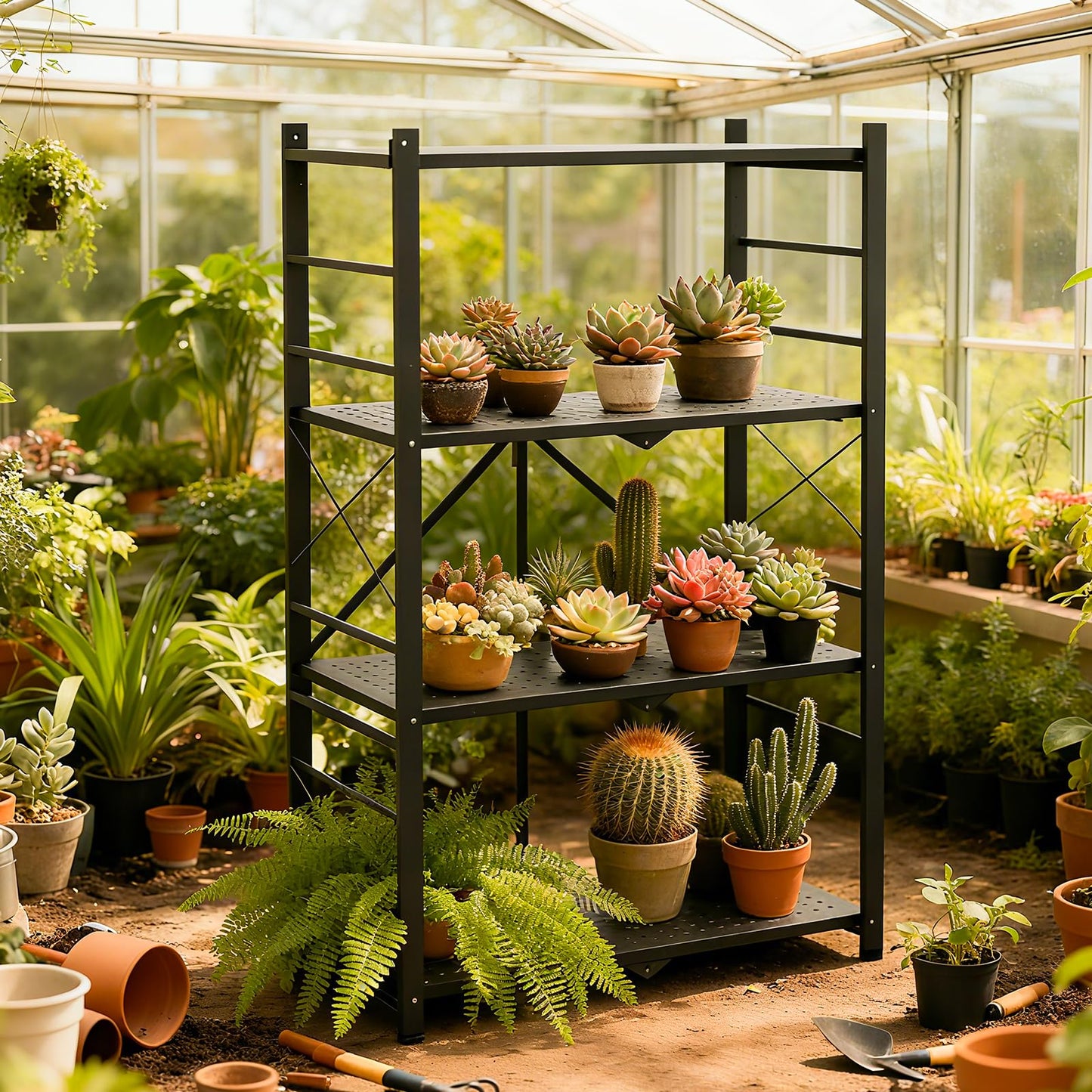 INTER HUT 4 Tier Foldable Greenhouse Shelving Unit, Heavy Duty Steel Plant Stand Storage Rack, No Assembly Required, 130lbs Per Shelf Capacity, 28"x14.6"x44.7”, 1 Pack, Black
