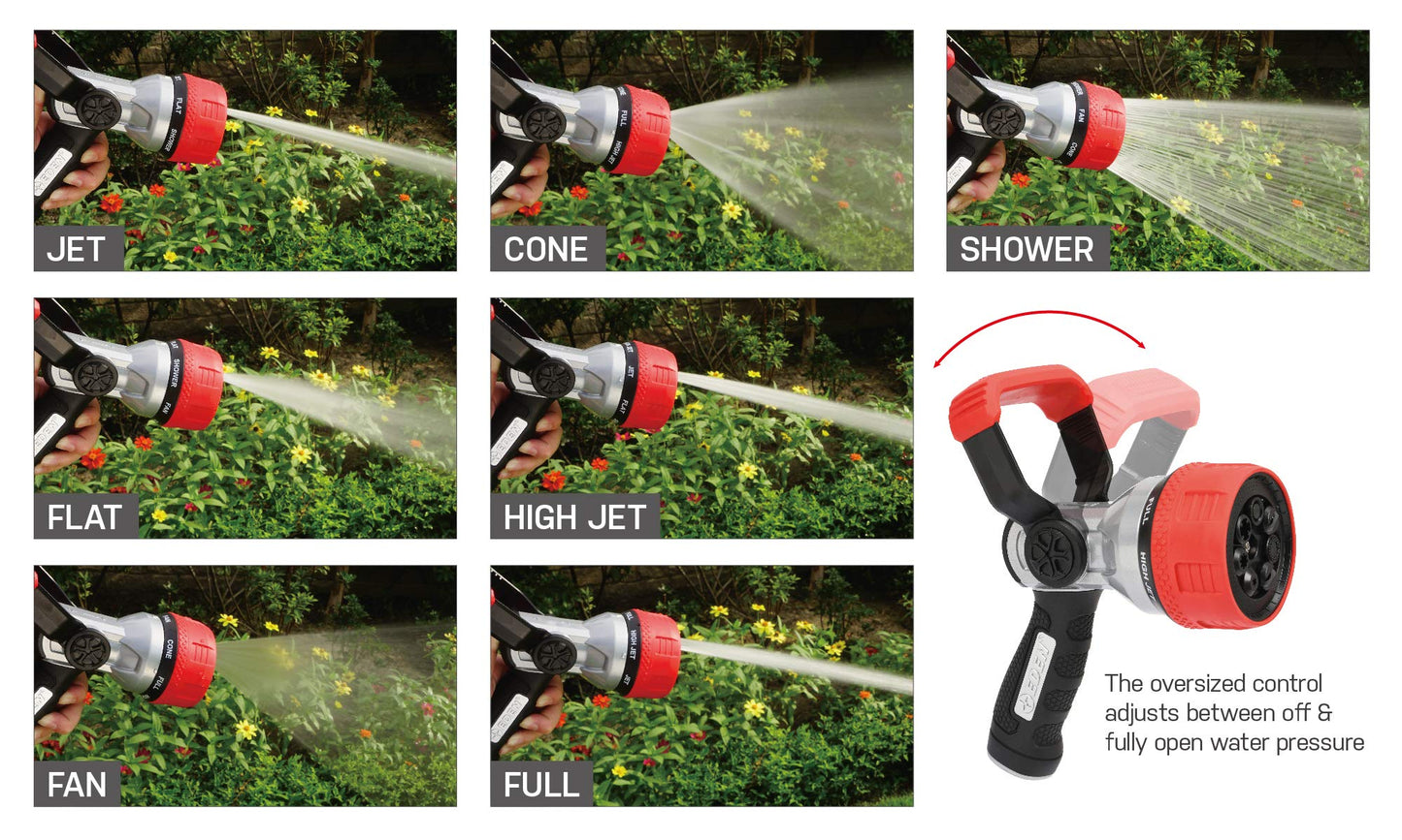 Eden 96806 Heavy-Duty Metal Fireman Hose Nozzle | 7 Spray Patterns, High-Pressure Garden Sprayer with Quick Connect Set & Bonus Washers