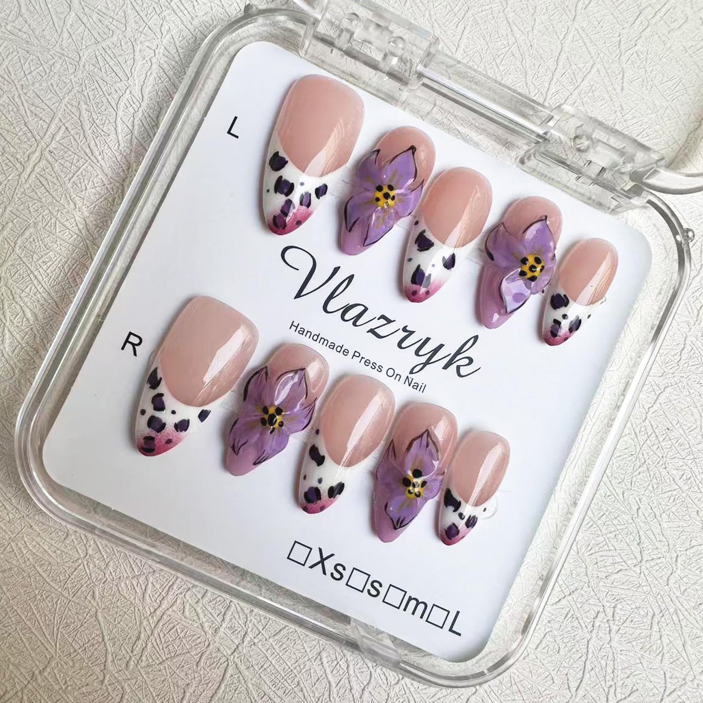 Luxury Handmade Press On Nails, Purple French Medium Almond with 3D Flowers, Winter & Autumn Gradient False Nails,Reusable Multi-Layer Post-Gel Acrylic Nails for Women .(M SIZE 10pcs)