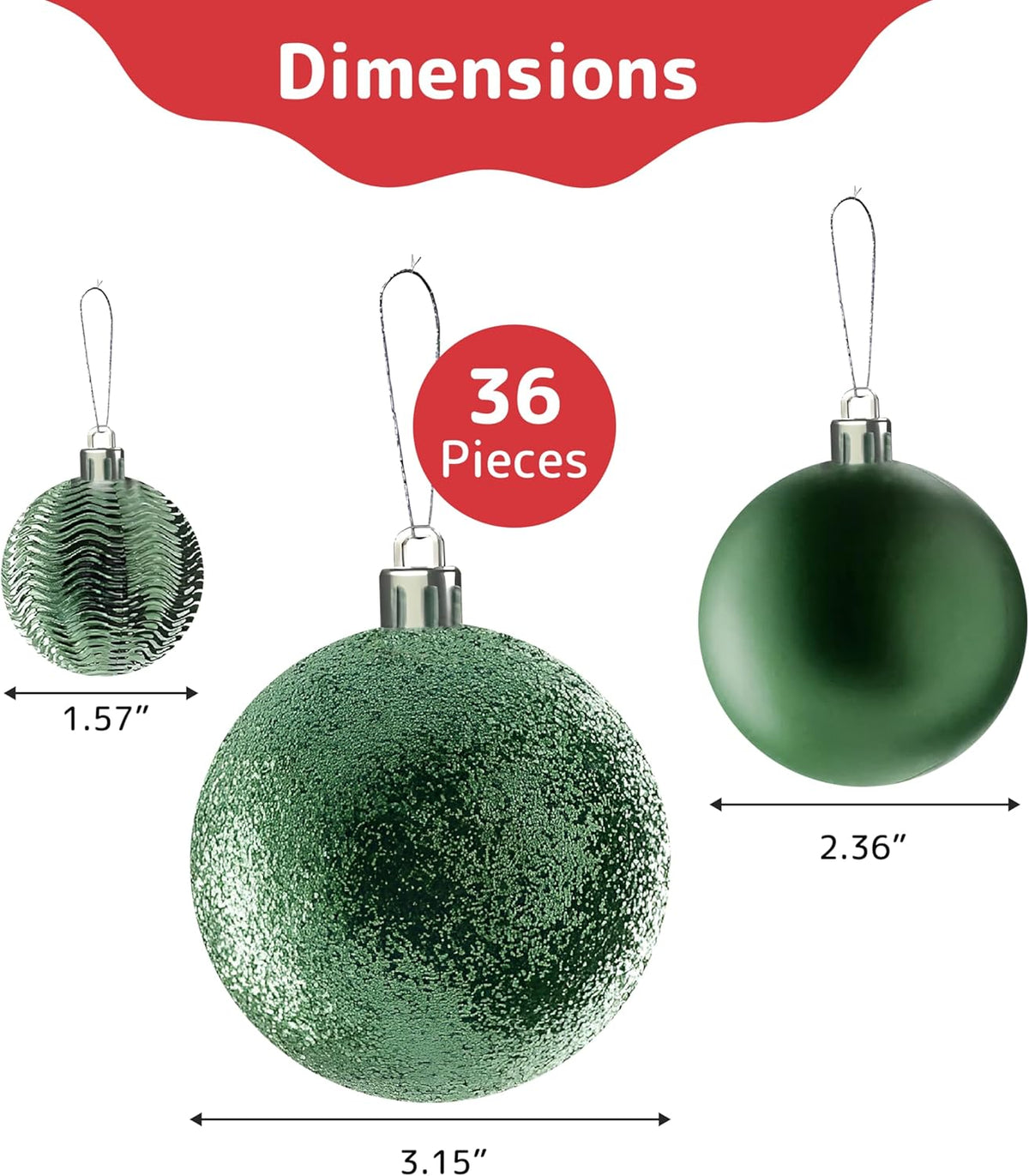 Prextex Christmas Tree Ornaments - Emerald Green Christmas Ball Ornaments Set for Christmas, Holiday, Wreath & Party Decorations (36 pcs - Small, Medium, Large) Shatterproof, 3 Size Combo
