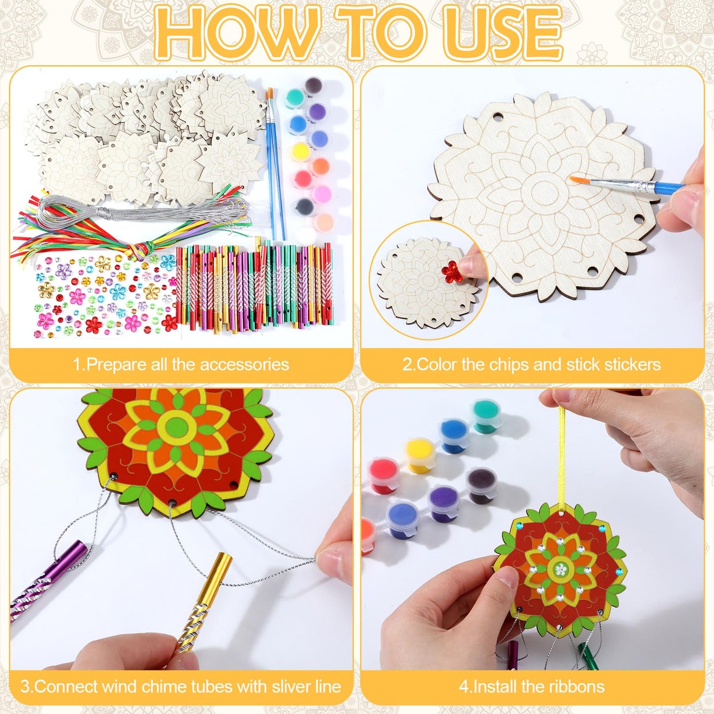 JellyArch 30 Pack Spring Mandala Wind Chime Making Crafts Kit for Adults, Make Your Own Wind Chime Bulk Wooden Hanging Ornaments for DIY Activity Birthday Summer Decoration