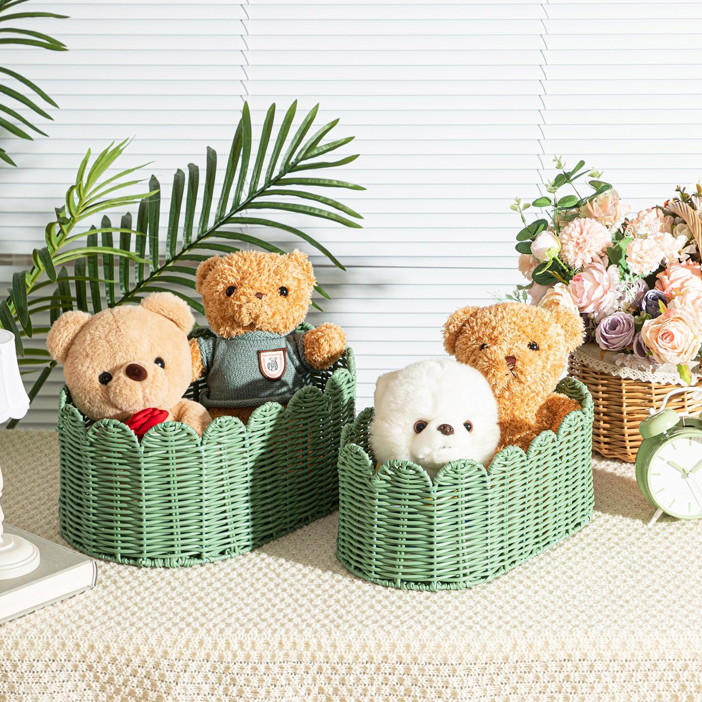 2 Pcs Large Scalloped Storage Baskets, Sage Green Woven Wicker Nursery Organizer Bins for Baby Gifts, Living Room Decor, Bathroom & Toy Storage, 16 x 10 x 7" & 14 x 8 x 6"