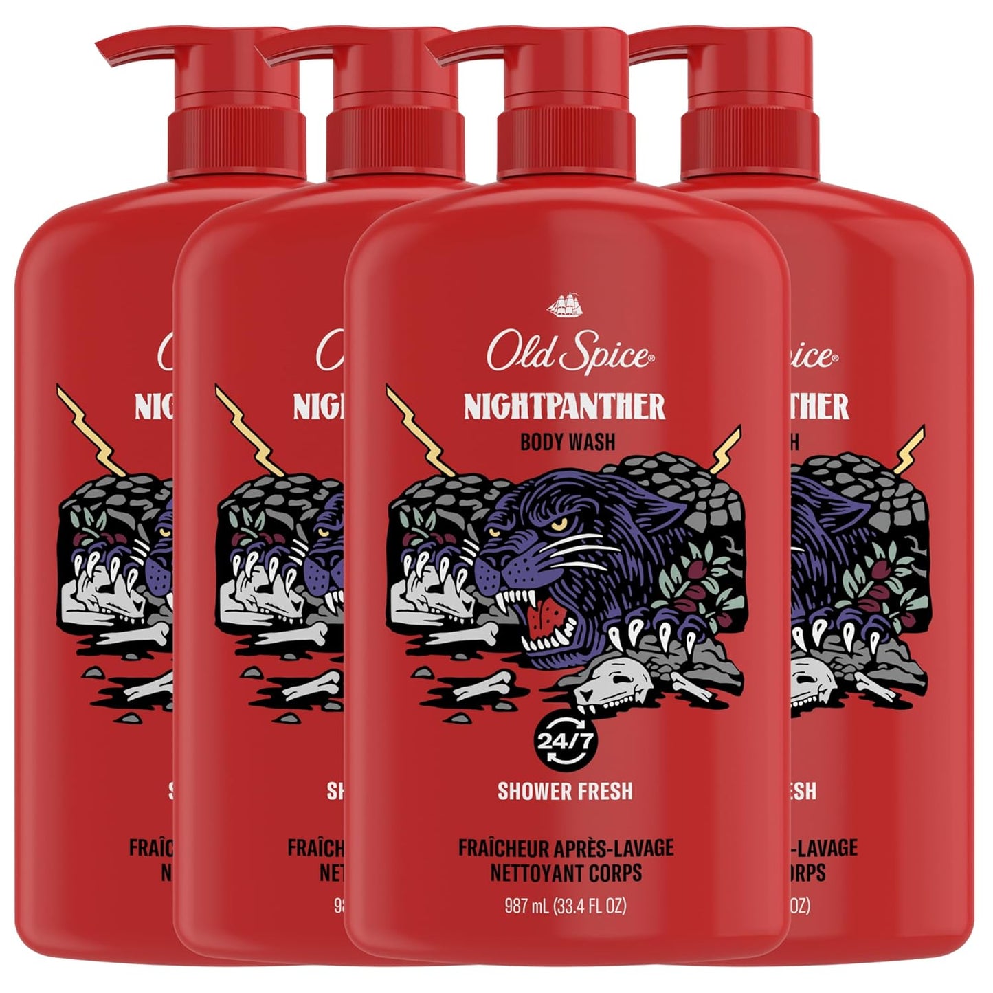 Old Spice Body Wash for Men, 3X Defense, 24/7 Shower Fresh with Long Lasting Lather, NightPanther Scent, 33.4 fl oz (Pack of 4)