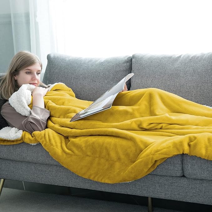 IR Imperial Rooms Sherpa Fleece Queen Size Blanket for Bed - Thick and Warm Blanket for Winter Reversible Soft and Fluffy Blankets Queen Size, Yellow, 90x90 Inches